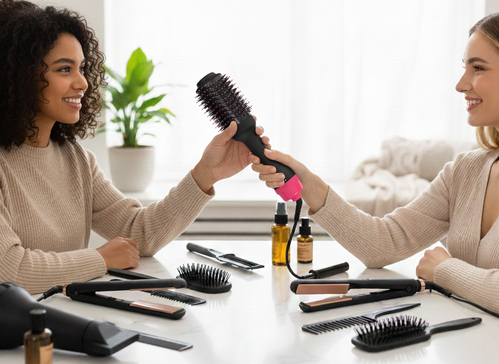 Two women in a salon setting with hair styling tools on a table.